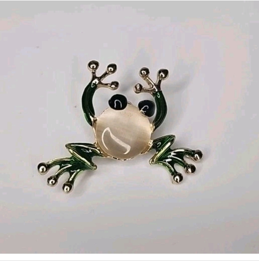 Vintage Frog Green Enamel White Opal Body Gold Pin Brooch Small 2" EUC CUTE